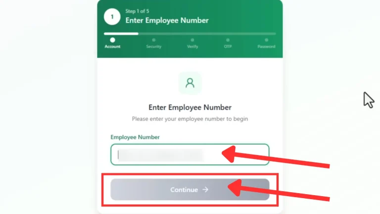Employee Number entry screen with the number obscured and arrows pointing to the field and Continue button