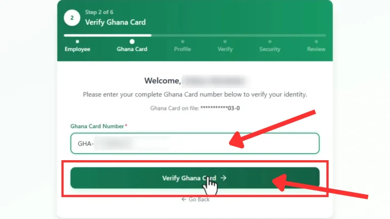 Verify Ghana Card screen with personal details obscured and arrows highlighting Ghana Card Number and Verify Ghana Card