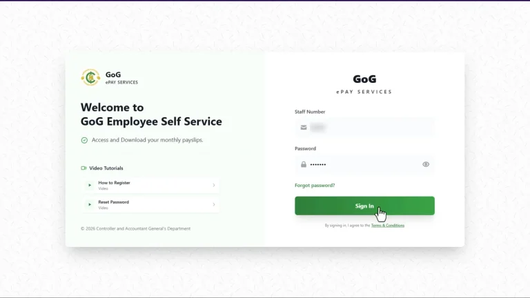 GoG Employee Self Service welcome and sign-in screen with credentials obscured