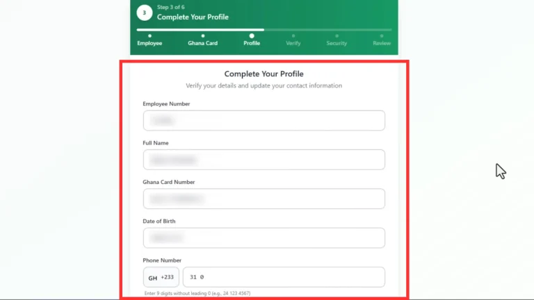Complete Your Profile form showing employee and contact fields with identity details obscured